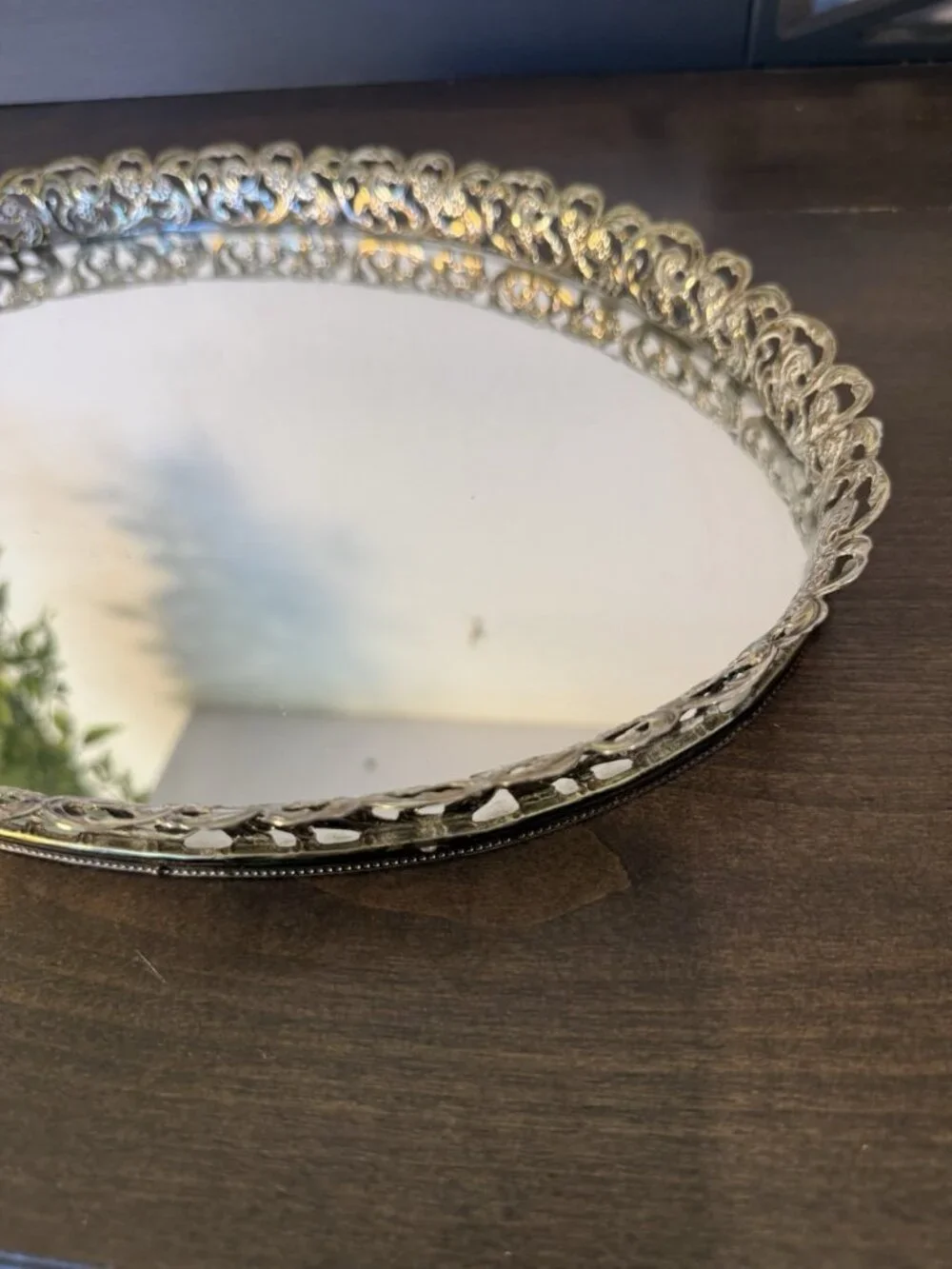 Vintage Oval Gold-tone Filigree Mirrored Vanity Tray Rose Boarder